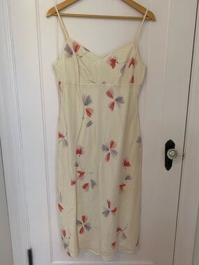 100% Silk Cream Midi Slip Dress with Red & Lavender Floral Print Size 14 Flowy